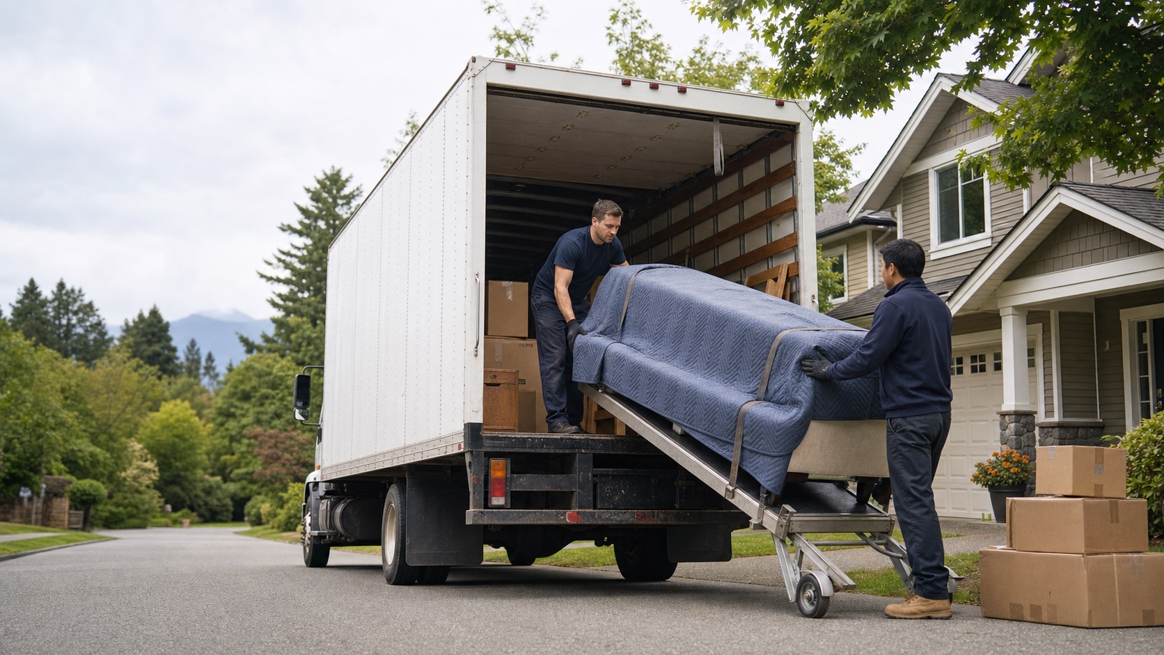 Two movers loading a blanket-wrapped sofa into a medium moving truck outside a British Columbia home