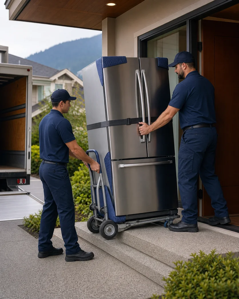 Professional movers safely delivering a refrigerator with an appliance dolly