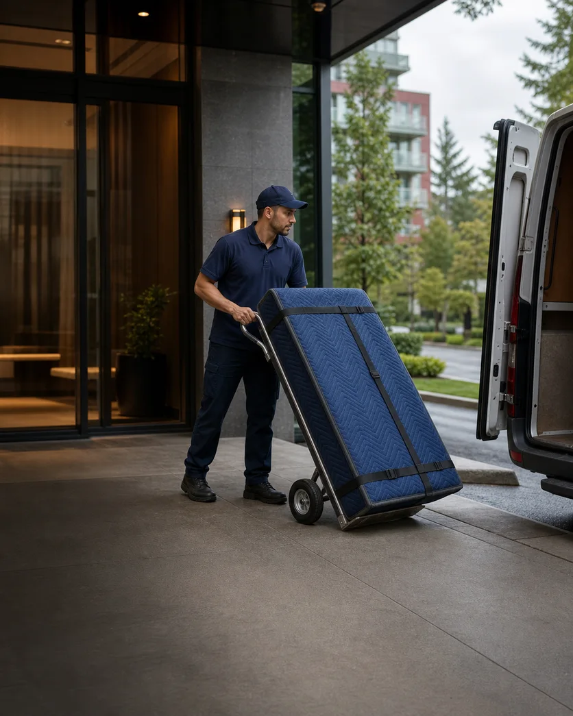Professional mover transporting a protected single item on a hand truck